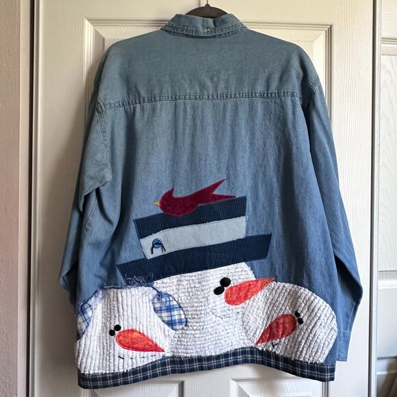 Vintage Women's 2X Denim Shirt Front & Back DIY 3D Snowman Applique Embroidery - Picture 1 of 11